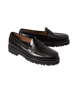 Black G.H. Bass Weejun penny loafers with white stitching and rugged everyday sole