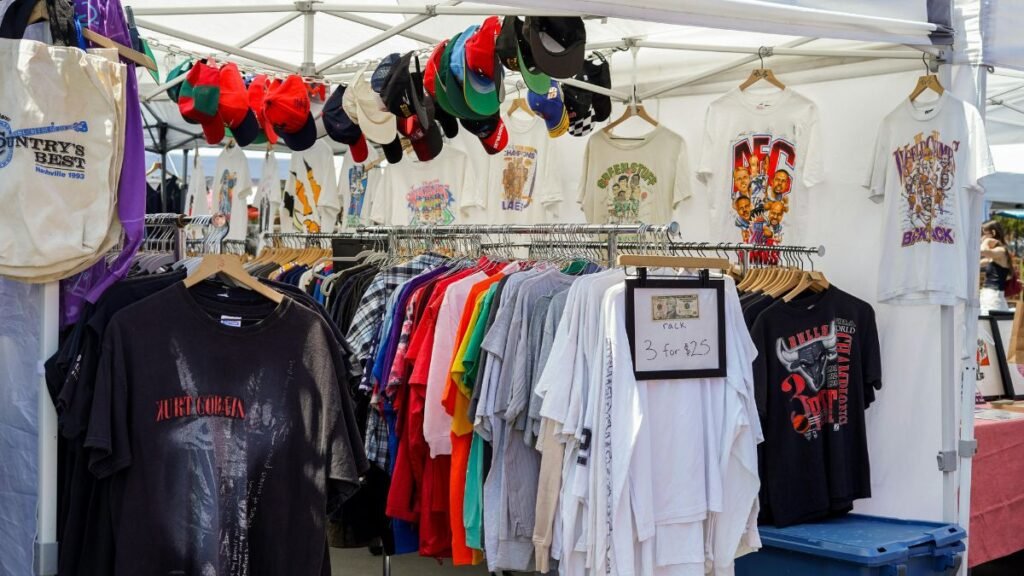 Colorful clothing and hats for sale.