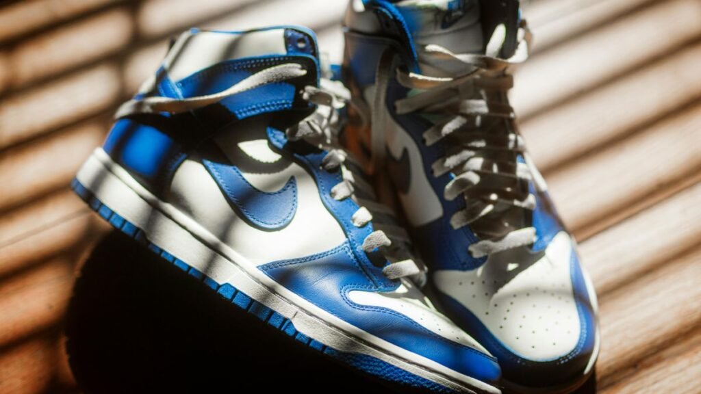 Blue and white high-top sneakers