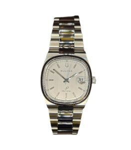 Vintage Bulova Super Seville watch with an integrated bracelet and bold case design, styled as a statement everyday timepiece.