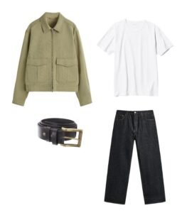 Casual outfit: jacket, t-shirt, jeans