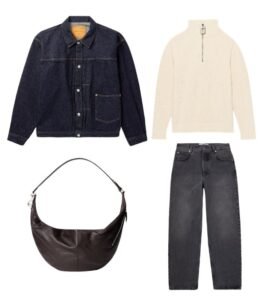 Denim jacket, sweater, bag, jeans