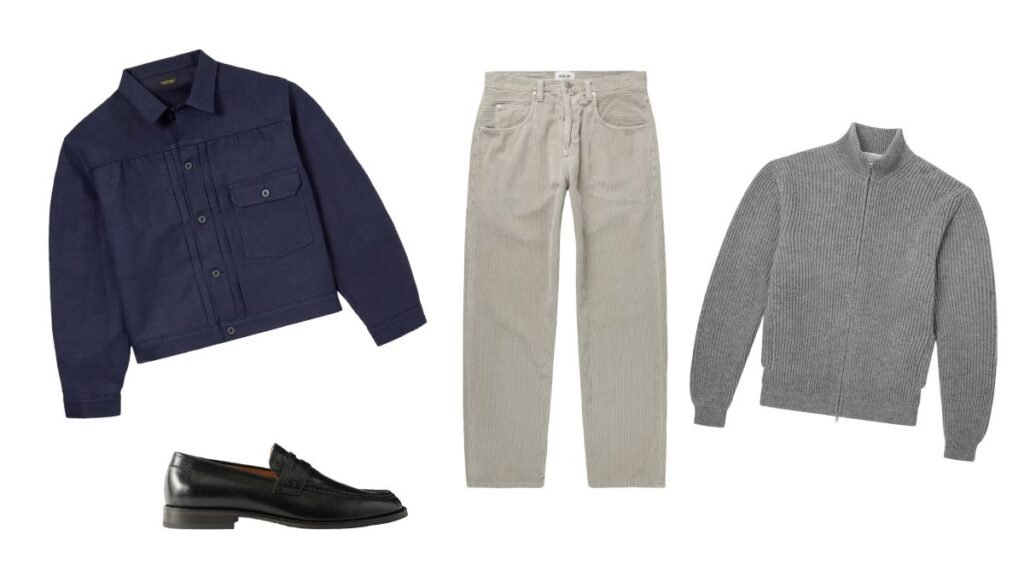 A collage of understated menswear essentials including a neutral wool coat, tailored trousers, minimalist sneakers, and a leather bag in muted tones.