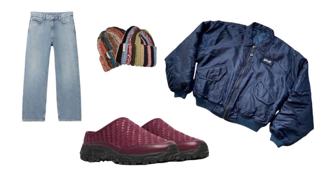 Collage featuring everyday menswear essentials including a Schott bomber jacket, handmade knit beanie, vintage graphic T shirt, wide leg trousers, loose fit jeans, minimalist sneakers, and woven leather clogs.