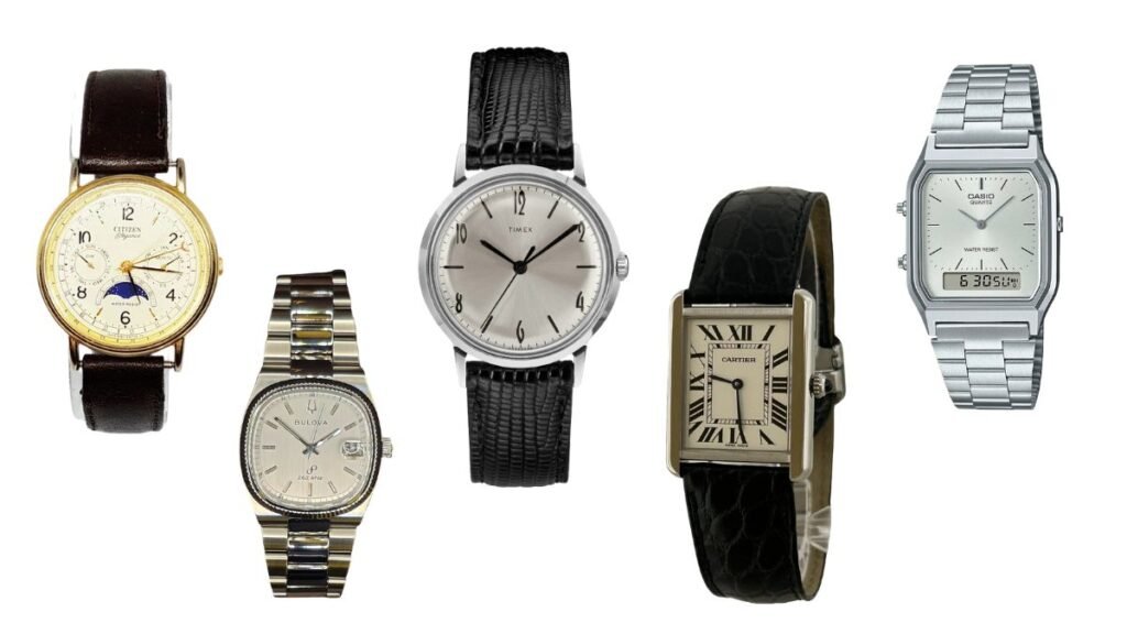 Collection of vintage wristwatches displayed.