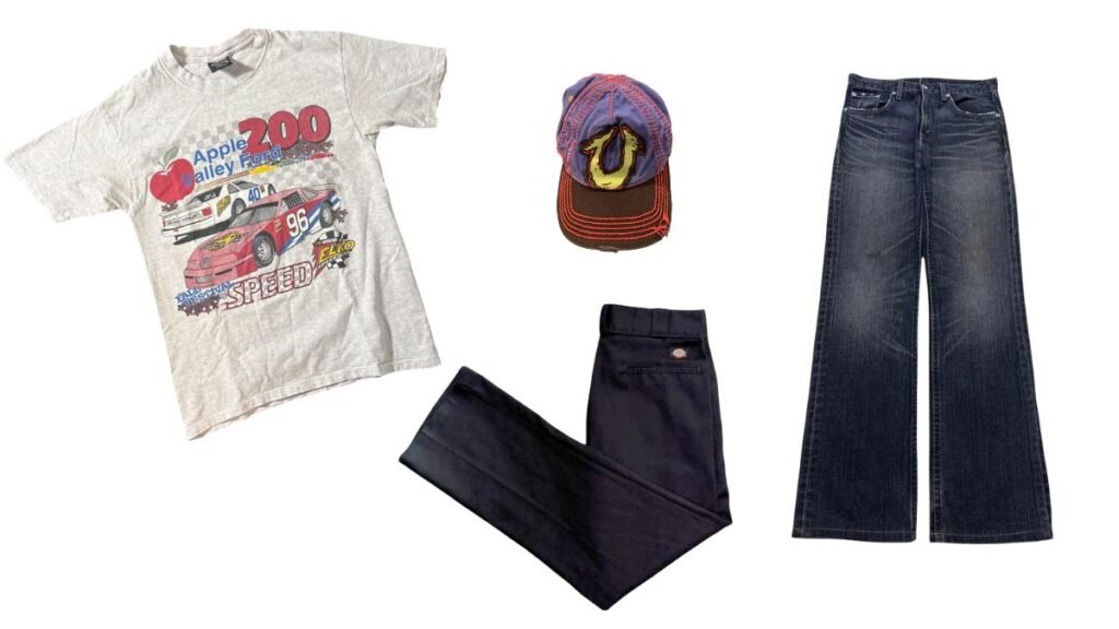 Second hand clothing selection featuring vintage fashion pieces and timeless wardrobe staples