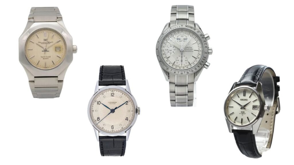 Four stylish vintage wristwatches displayed.