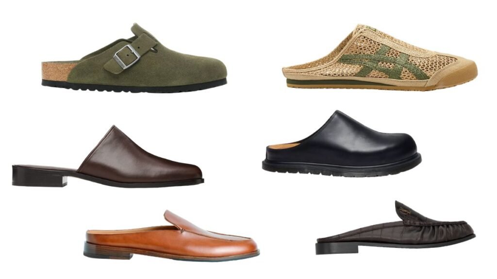 Collage of designer mules showing summer mule footwear trend including Birkenstock, Dr Martens, Adidas Y 3 and luxury loafers